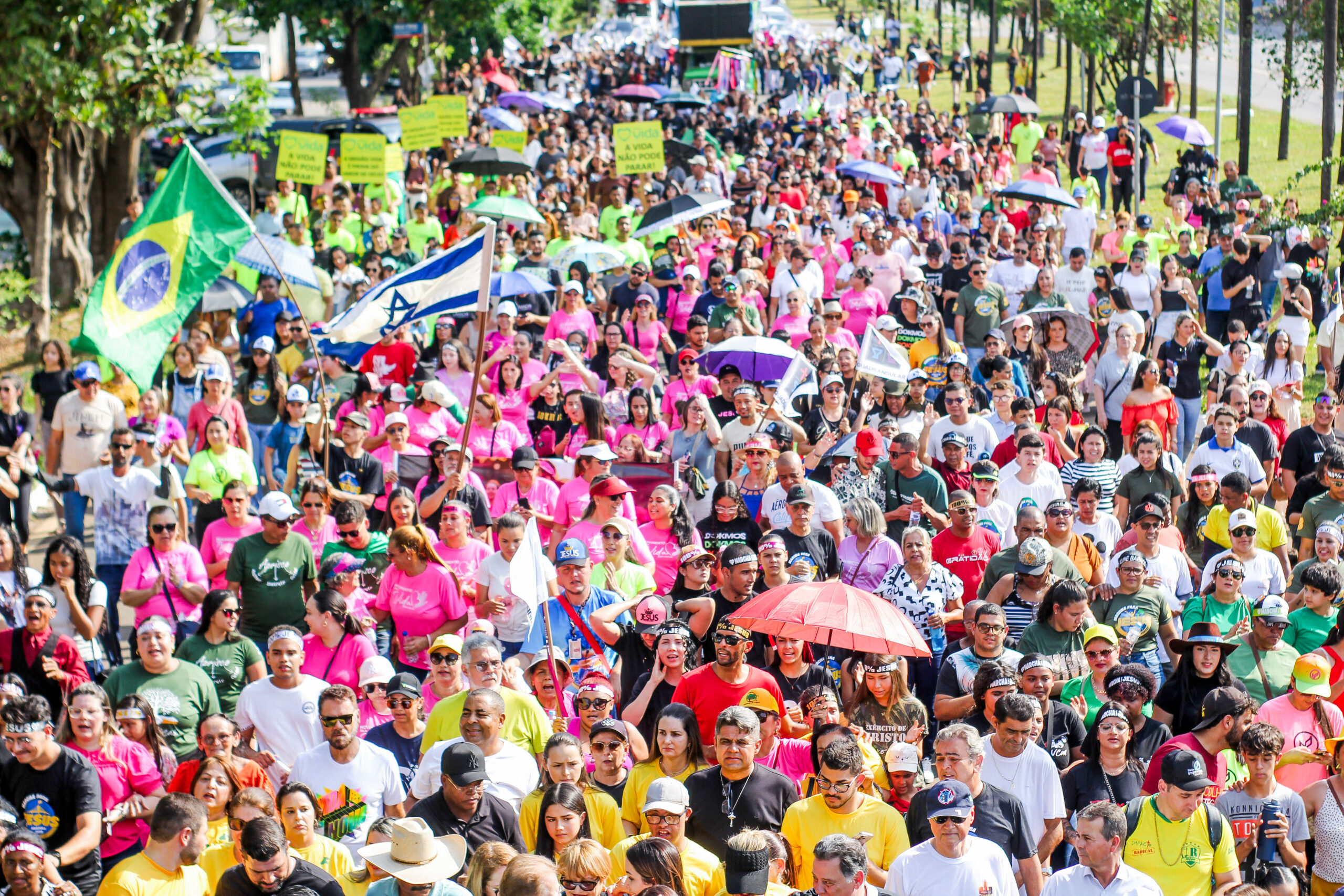 Grande multidão manifestando com bandeiras.